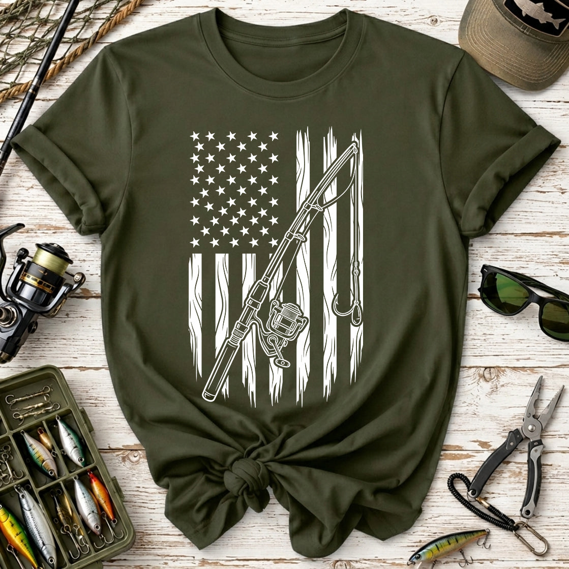Fishing Rod American Flag T-Shirt