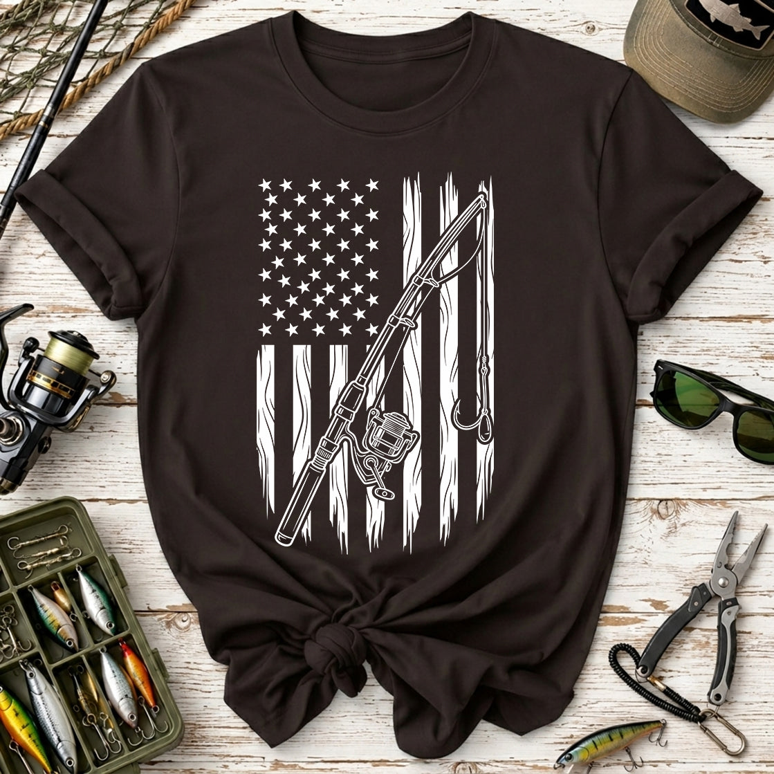 Fishing Rod American Flag T-Shirt